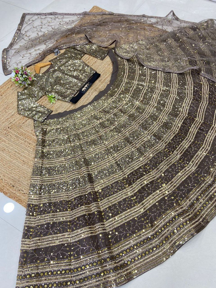 Brown Premium Faux Georgette Embellished With Beautiful Embroidery,Zari ,Coding And Beautiful Sequins Work | Ready To Wear - qivii