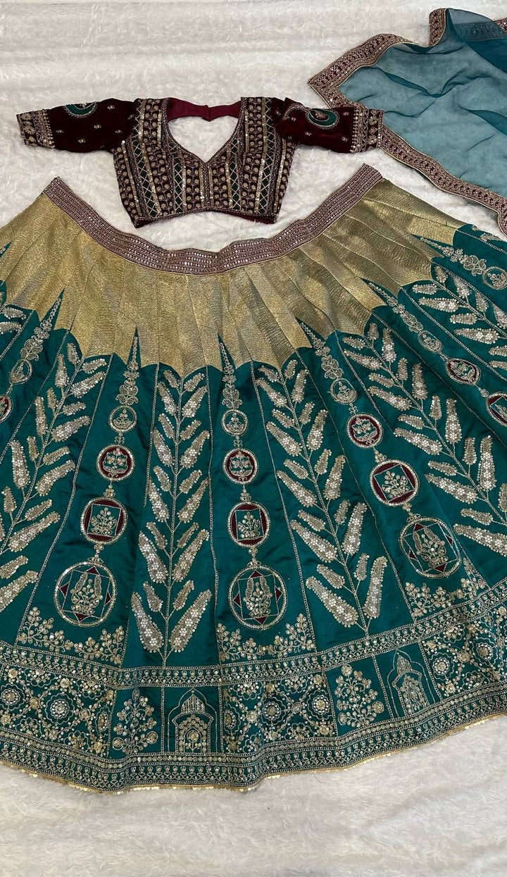 Green Mulmul silk lehnga with thread , zari , dori & sequins work - INSPIRED | Ready To Wear - qivii