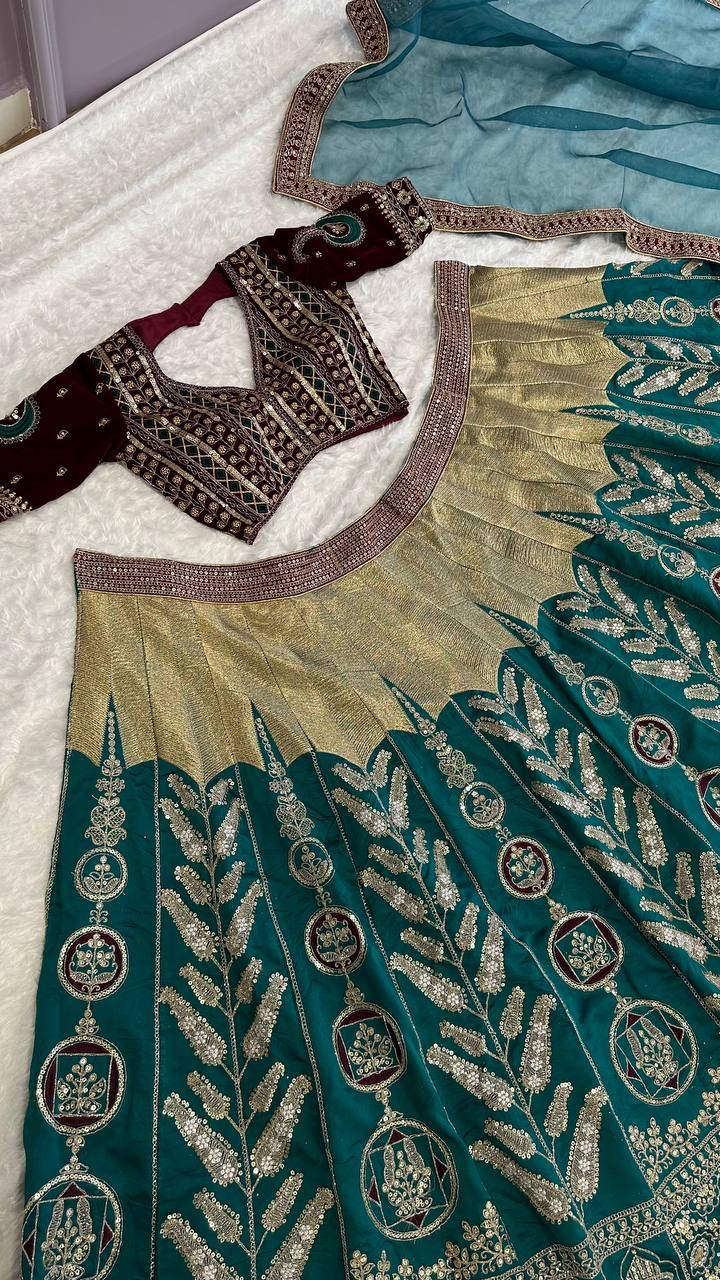 Green Mulmul silk lehnga with thread , zari , dori & sequins work - INSPIRED | Ready To Wear - qivii