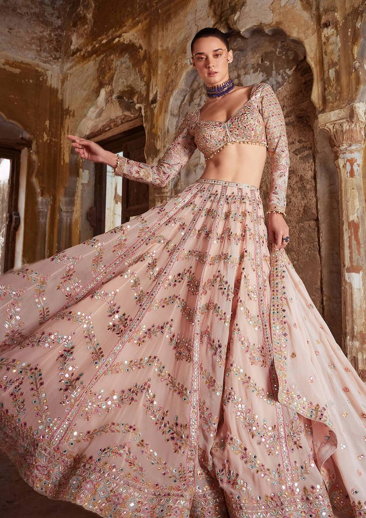 Peach Faux georgette lehenga with paper mirror - INSPIRED | Ready To Wear - qivii