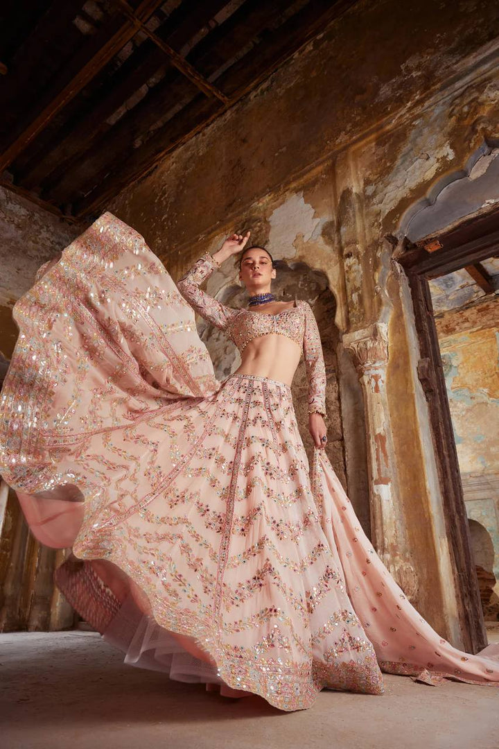 Peach Faux georgette lehenga with paper mirror - INSPIRED | Ready To Wear - qivii