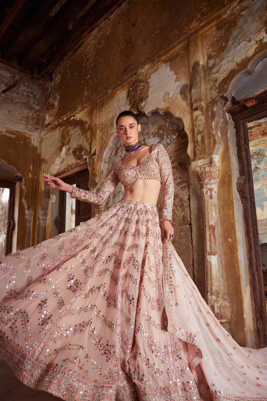 Peach Faux georgette lehenga with paper mirror - INSPIRED | Ready To Wear - qivii