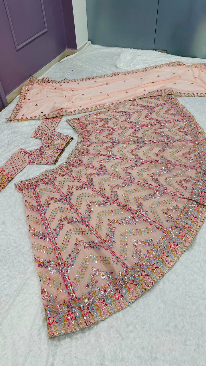 Peach Faux georgette lehenga with paper mirror - INSPIRED | Ready To Wear - qivii