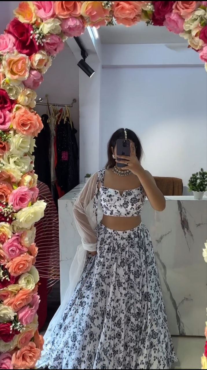 Premium Chinon Silk Embellished With Beautiful Digital Print With Heavy Cancan Lehenga - INSPIRED | Ready To Wear - qivii