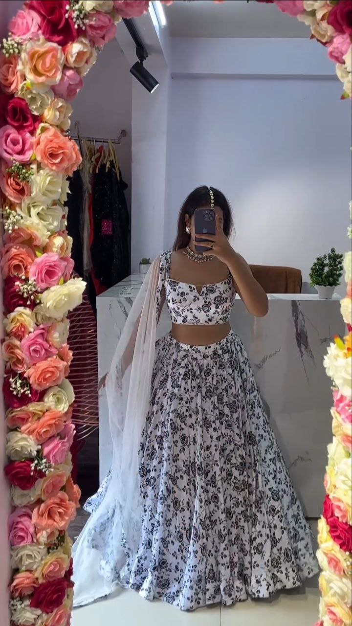 Premium Chinon Silk Embellished With Beautiful Digital Print With Heavy Cancan Lehenga - INSPIRED | Ready To Wear - qivii