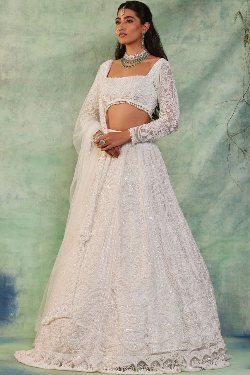 White Premium Soft Butterfly Net Embellished With Beautiful Thread Embroidery Work Lehenga - INSPIRED | Ready To Wear - qivii