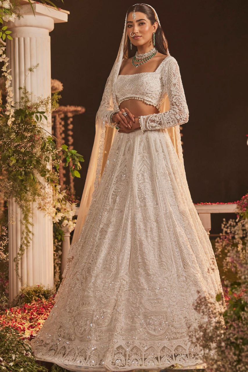White Premium Soft Butterfly Net Embellished With Beautiful Thread Embroidery Work Lehenga - INSPIRED | Ready To Wear - qivii