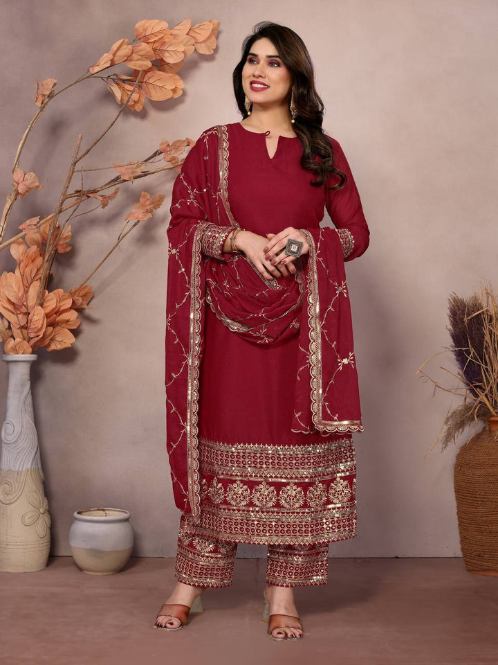 MAROON STAR GEORGEET WITH EMBROIDERY SEQUENCE DESIGN WORK SALWAR SUIT - INSPIRED - qivii
