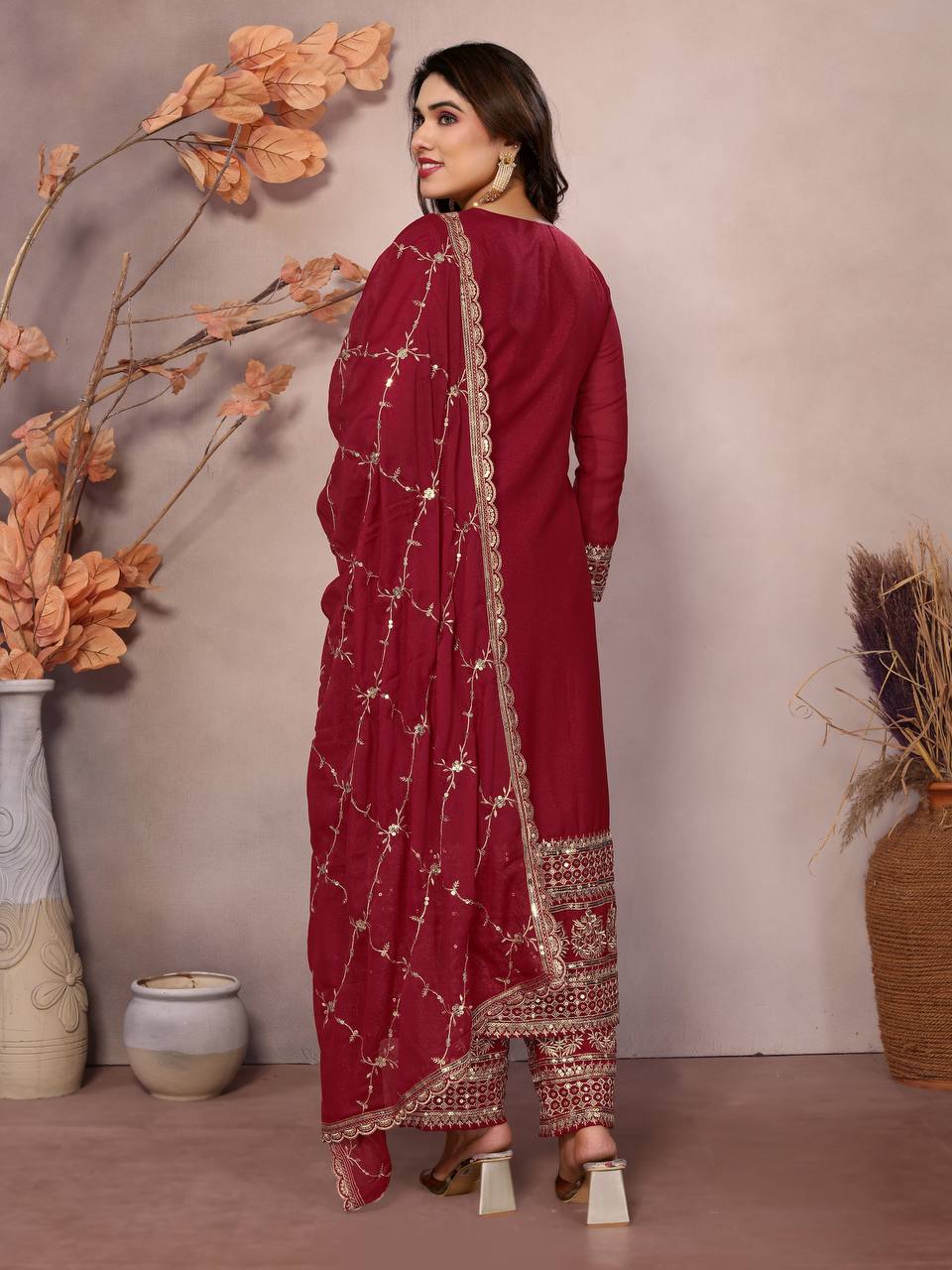 MAROON STAR GEORGEET WITH EMBROIDERY SEQUENCE DESIGN WORK SALWAR SUIT - INSPIRED - qivii