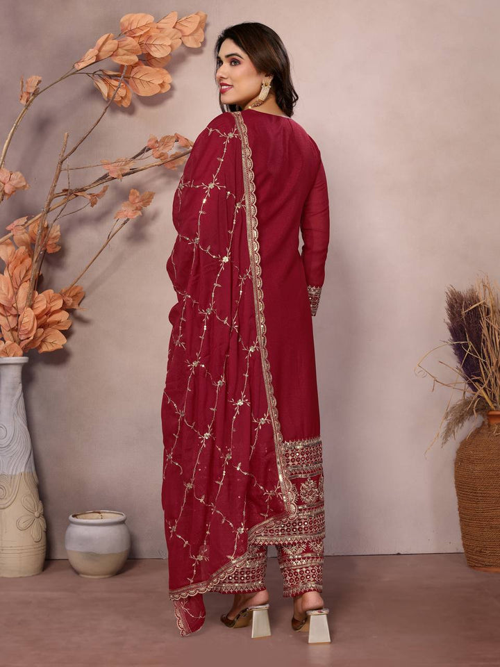MAROON STAR GEORGEET WITH EMBROIDERY SEQUENCE DESIGN WORK SALWAR SUIT - INSPIRED - qivii