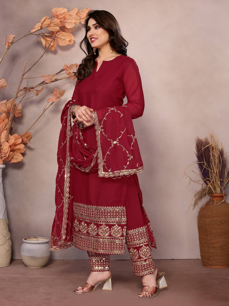MAROON STAR GEORGEET WITH EMBROIDERY SEQUENCE DESIGN WORK SALWAR SUIT - INSPIRED - qivii