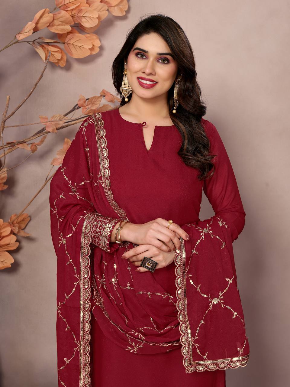MAROON STAR GEORGEET WITH EMBROIDERY SEQUENCE DESIGN WORK SALWAR SUIT - INSPIRED - qivii