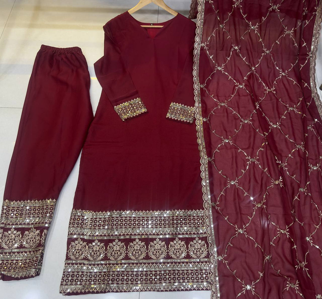 MAROON STAR GEORGEET WITH EMBROIDERY SEQUENCE DESIGN WORK SALWAR SUIT - INSPIRED - qivii