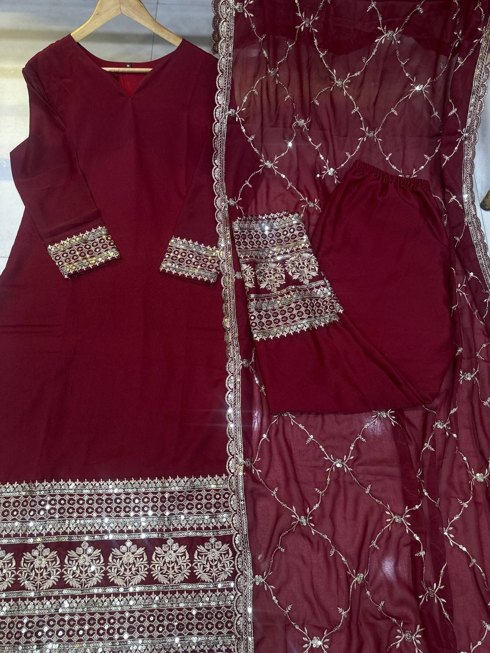 MAROON STAR GEORGEET WITH EMBROIDERY SEQUENCE DESIGN WORK SALWAR SUIT - INSPIRED - qivii