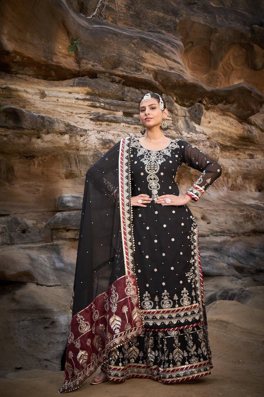 Black Foux Gorgette Micro Thread  with Sequnce with Rivet moti with fancy lace broder Sharara Suit - INSPIRED - qivii