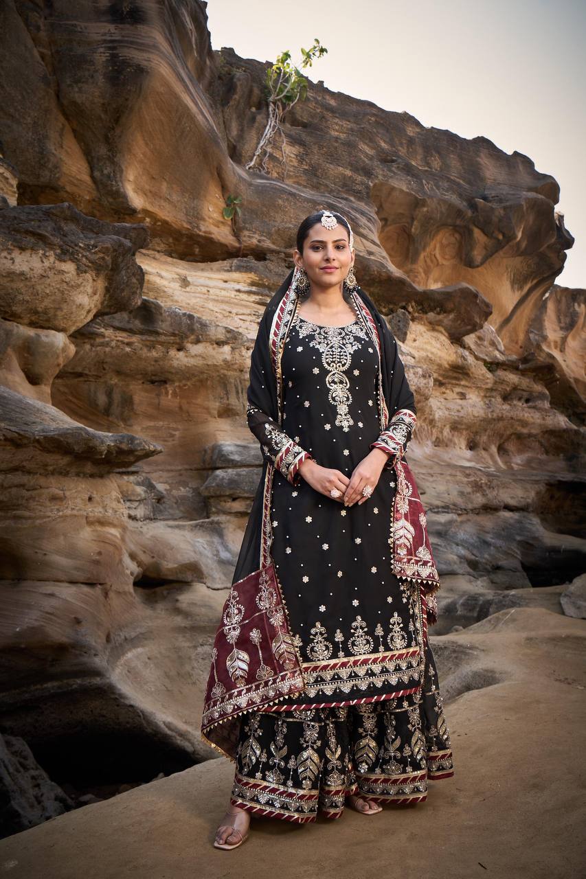 Black Foux Gorgette Micro Thread  with Sequnce with Rivet moti with fancy lace broder Sharara Suit - INSPIRED - qivii