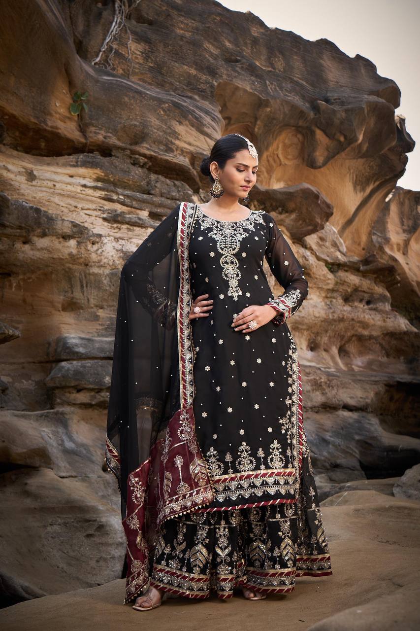 Black Foux Gorgette Micro Thread  with Sequnce with Rivet moti with fancy lace broder Sharara Suit - INSPIRED - qivii