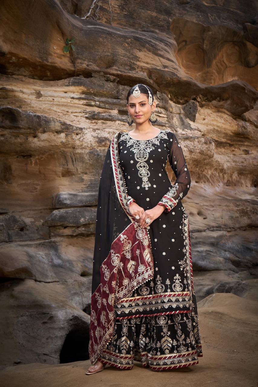 Black Foux Gorgette Micro Thread  with Sequnce with Rivet moti with fancy lace broder Sharara Suit - INSPIRED - qivii