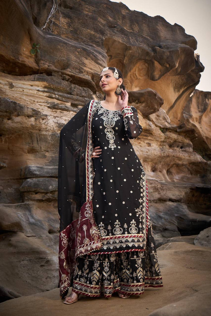 Black Foux Gorgette Micro Thread  with Sequnce with Rivet moti with fancy lace broder Sharara Suit - INSPIRED - qivii