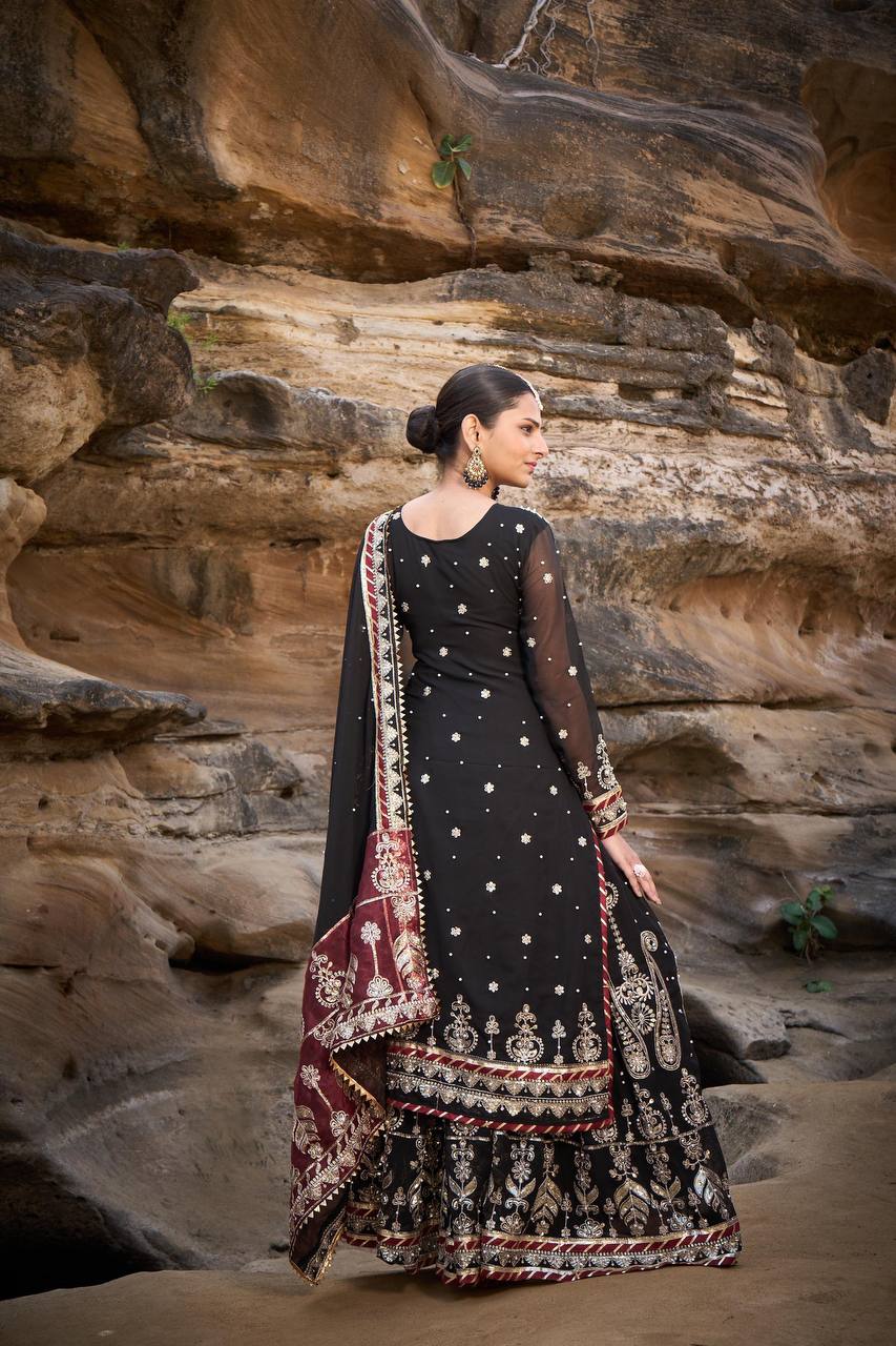 Black Foux Gorgette Micro Thread  with Sequnce with Rivet moti with fancy lace broder Sharara Suit - INSPIRED - qivii