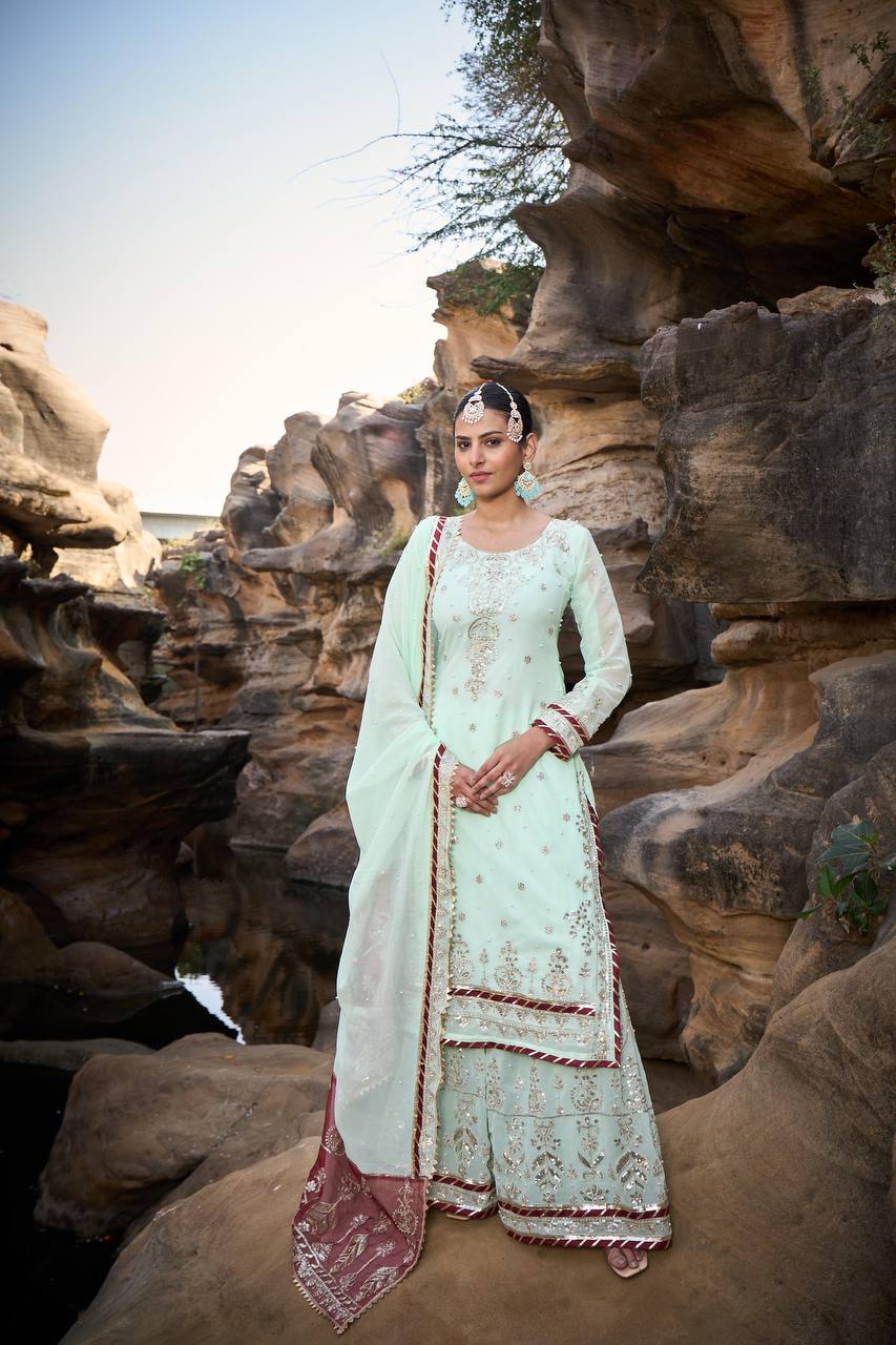 Mint Green Foux Gorgette Micro Thread  with Sequnce with Rivet moti with fancy lace broder Sharara Suit - INSPIRED - qivii