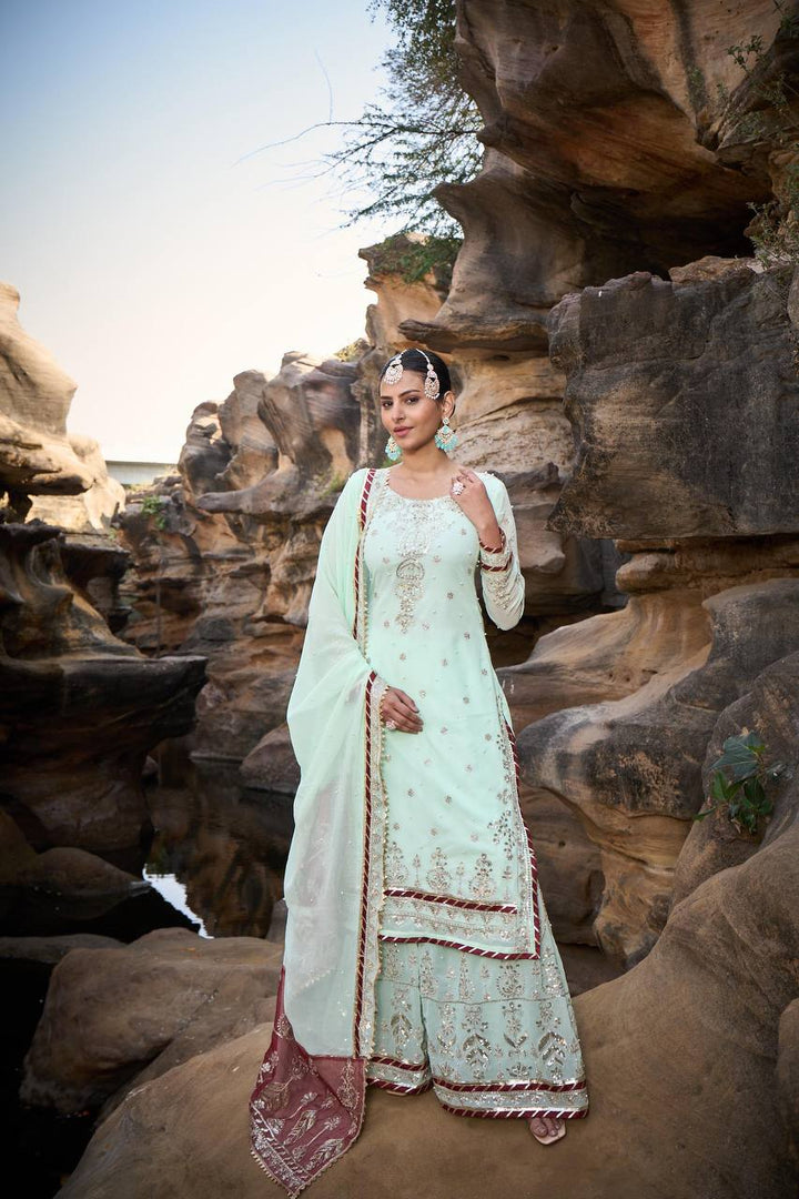 Mint Green Foux Gorgette Micro Thread  with Sequnce with Rivet moti with fancy lace broder Sharara Suit - INSPIRED - qivii