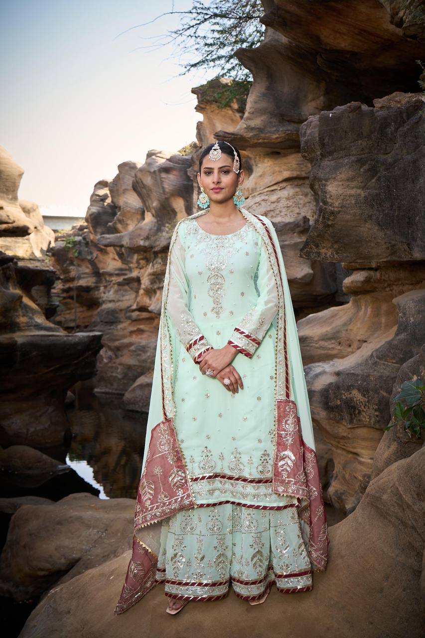 Mint Green Foux Gorgette Micro Thread  with Sequnce with Rivet moti with fancy lace broder Sharara Suit - INSPIRED - qivii