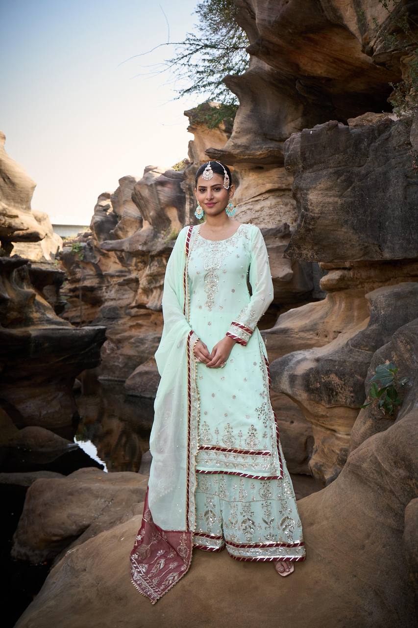Mint Green Foux Gorgette Micro Thread  with Sequnce with Rivet moti with fancy lace broder Sharara Suit - INSPIRED - qivii