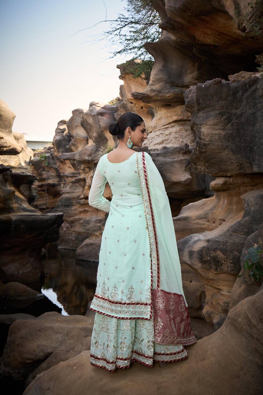 Mint Green Foux Gorgette Micro Thread  with Sequnce with Rivet moti with fancy lace broder Sharara Suit - INSPIRED - qivii