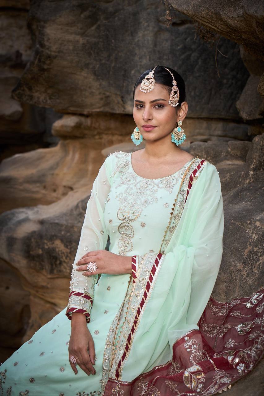 Mint Green Foux Gorgette Micro Thread  with Sequnce with Rivet moti with fancy lace broder Sharara Suit - INSPIRED - qivii
