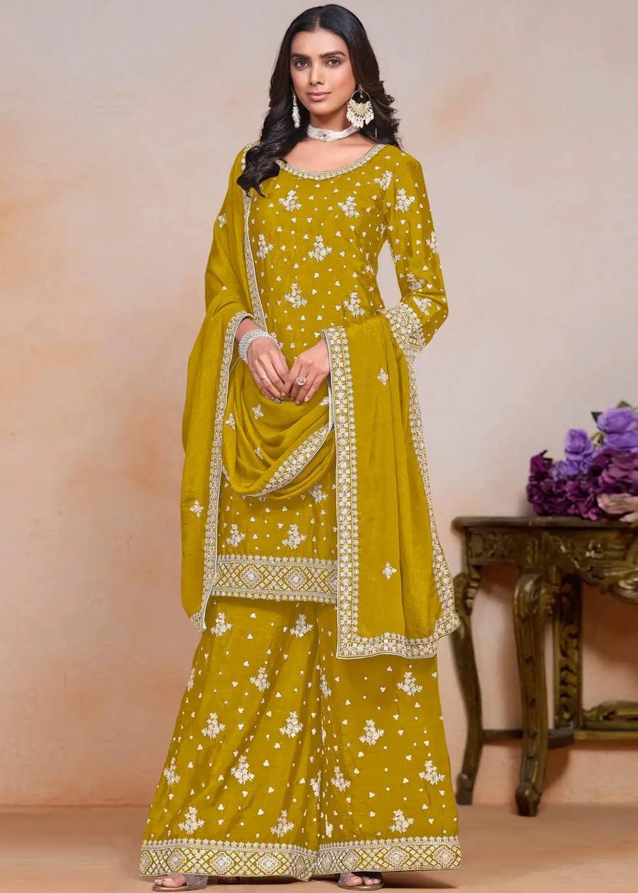 YELLOW CHINON WITH EMBROIDERY SEQUENCE DESIGN WORK PALAZZO SUIT - INSPIRED - qivii