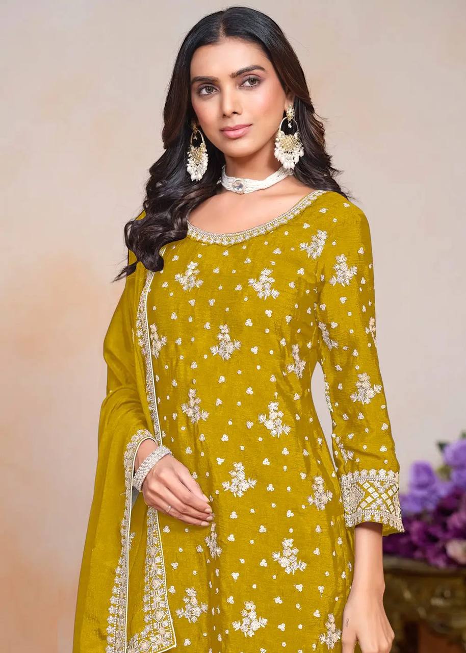YELLOW CHINON WITH EMBROIDERY SEQUENCE DESIGN WORK PALAZZO SUIT - INSPIRED - qivii