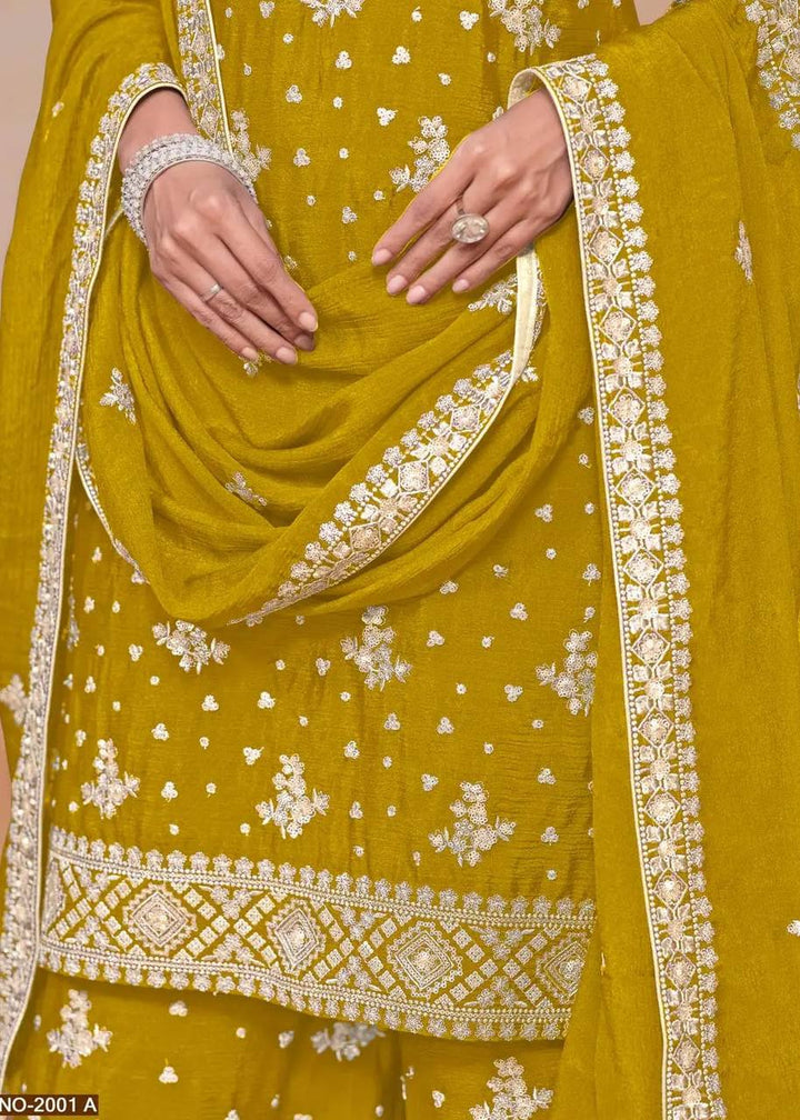 YELLOW CHINON WITH EMBROIDERY SEQUENCE DESIGN WORK PALAZZO SUIT - INSPIRED - qivii