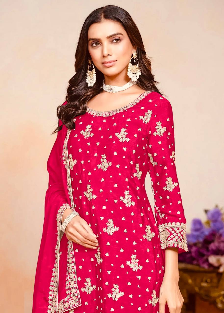 PINK CHINON WITH EMBROIDERY SEQUENCE DESIGN WORK PALAZZO SUIT - INSPIRED - qivii
