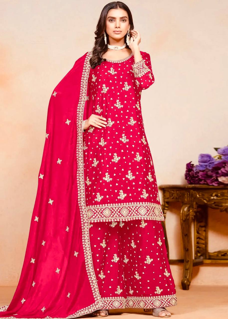 PINK CHINON WITH EMBROIDERY SEQUENCE DESIGN WORK PALAZZO SUIT - INSPIRED - qivii