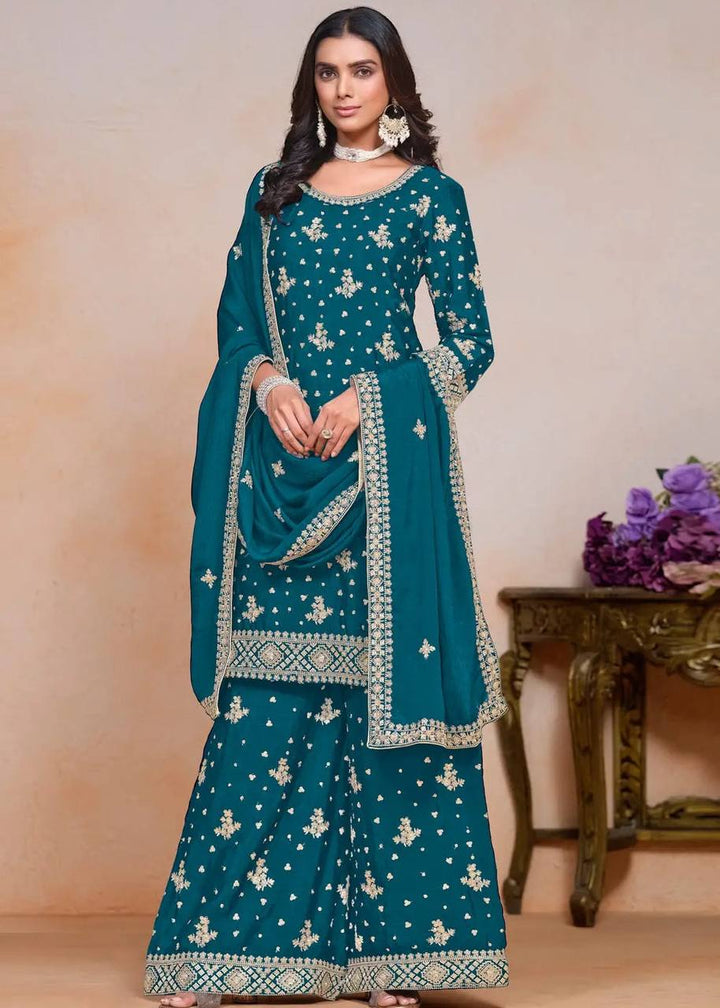 TEAL BLUE CHINON WITH EMBROIDERY SEQUENCE DESIGN WORK PALAZZO SUIT - INSPIRED - qivii
