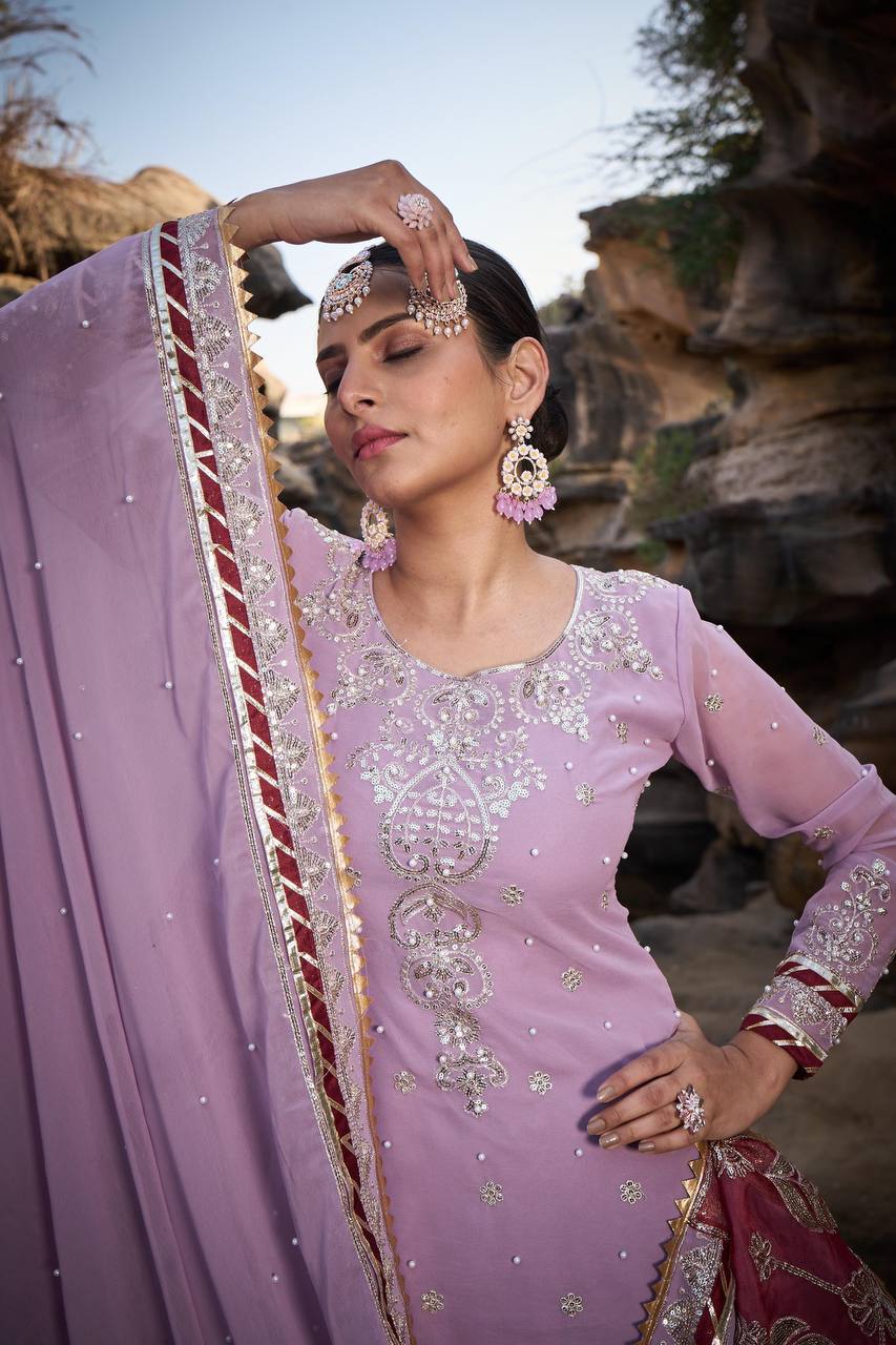 Pink Foux Gorgette Micro Thread  with Sequnce with Rivet moti with fancy lace broder Sharara Suit - INSPIRED - qivii
