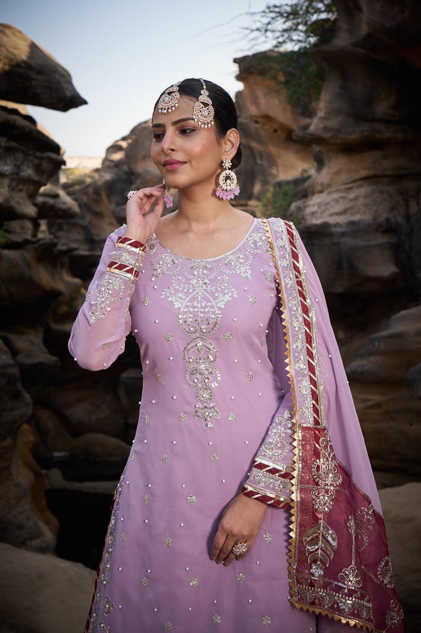 Pink Foux Gorgette Micro Thread  with Sequnce with Rivet moti with fancy lace broder Sharara Suit - INSPIRED - qivii