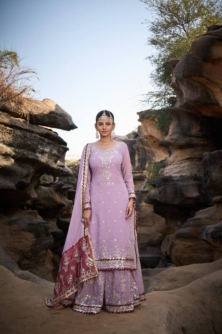 Pink Foux Gorgette Micro Thread  with Sequnce with Rivet moti with fancy lace broder Sharara Suit - INSPIRED - qivii