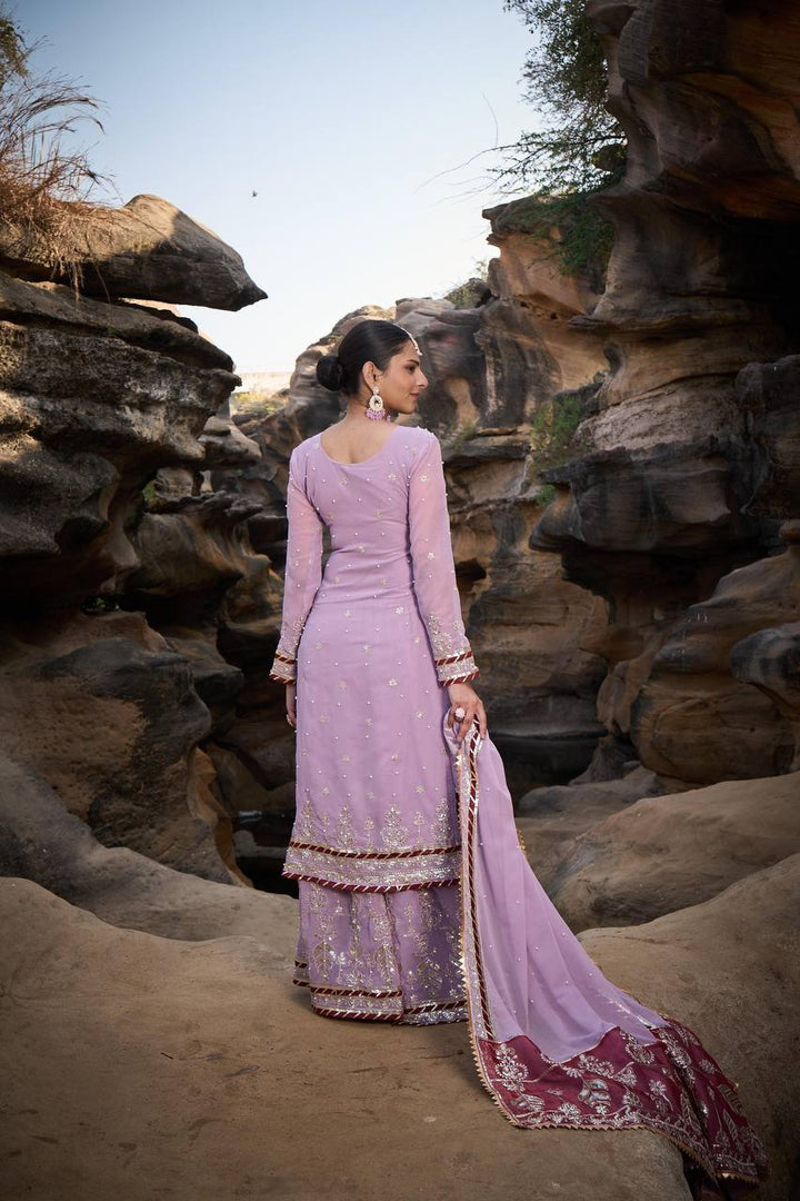 Pink Foux Gorgette Micro Thread  with Sequnce with Rivet moti with fancy lace broder Sharara Suit - INSPIRED - qivii