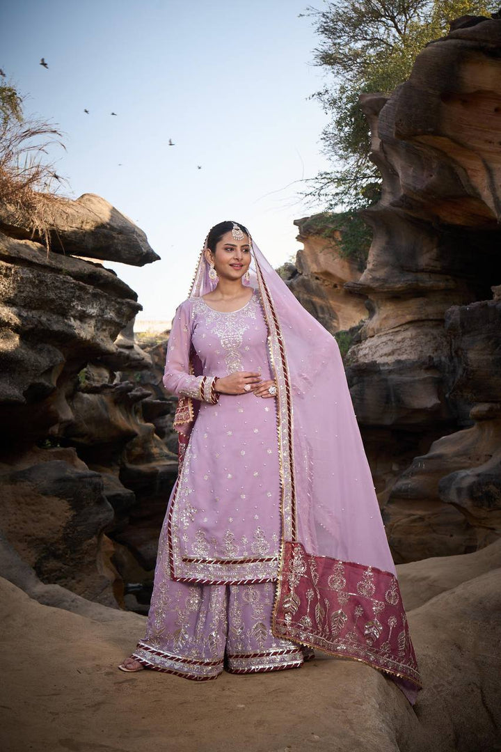 Pink Foux Gorgette Micro Thread  with Sequnce with Rivet moti with fancy lace broder Sharara Suit - INSPIRED - qivii