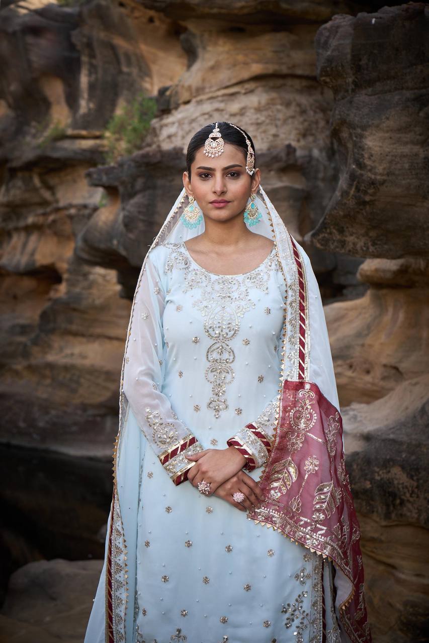 Blue Foux Gorgette Micro Thread  with Sequnce with Rivet moti with fancy lace broder Sharara Suit - INSPIRED - qivii