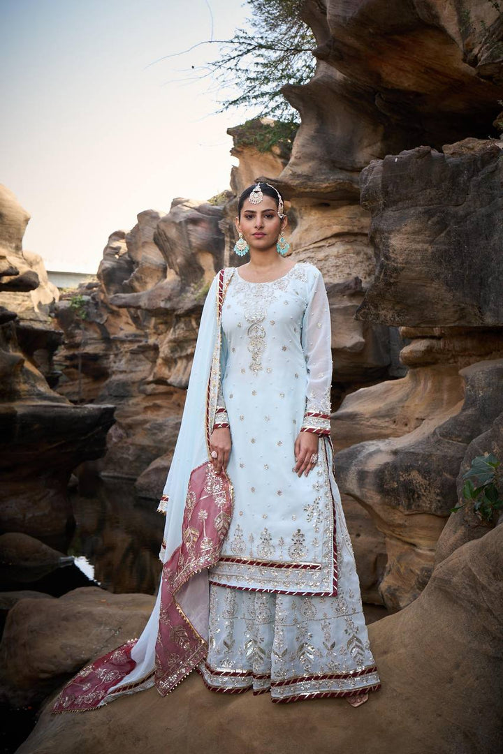 Blue Foux Gorgette Micro Thread  with Sequnce with Rivet moti with fancy lace broder Sharara Suit - INSPIRED - qivii