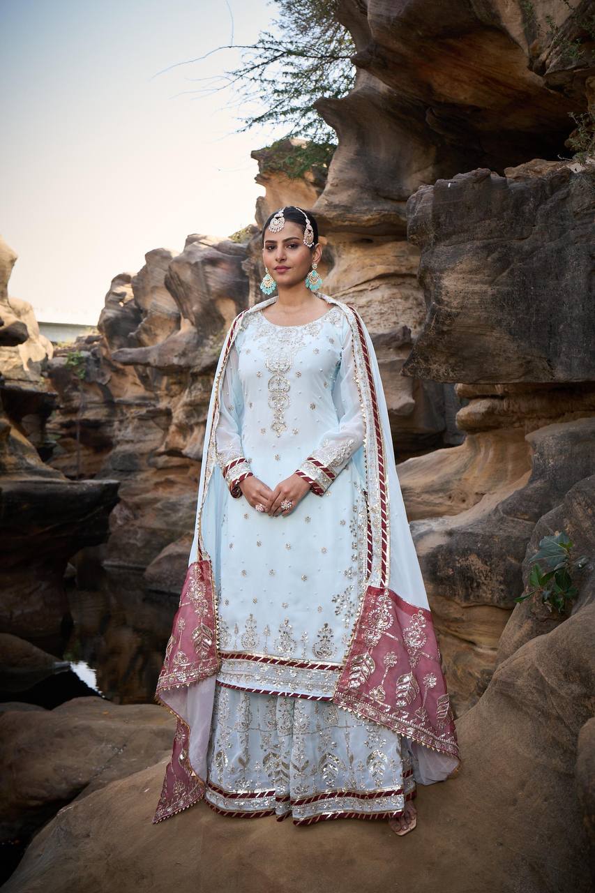 Blue Foux Gorgette Micro Thread  with Sequnce with Rivet moti with fancy lace broder Sharara Suit - INSPIRED - qivii