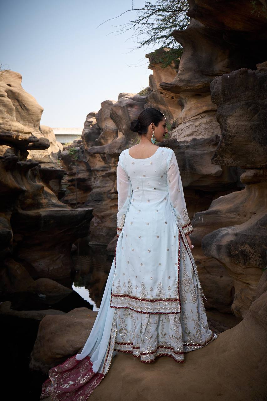 Blue Foux Gorgette Micro Thread  with Sequnce with Rivet moti with fancy lace broder Sharara Suit - INSPIRED - qivii