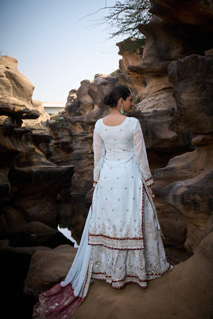 Blue Foux Gorgette Micro Thread  with Sequnce with Rivet moti with fancy lace broder Sharara Suit - INSPIRED - qivii