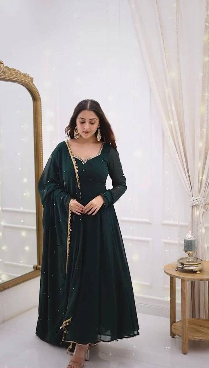 Green Foux Gorgette Micro Handwork with lace broder Anarkali Suit - INSPIRED - qivii