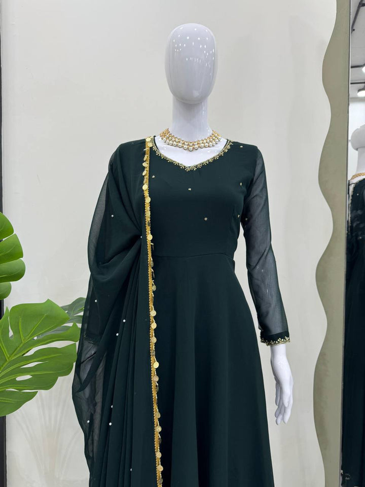 Green Foux Gorgette Micro Handwork with lace broder Anarkali Suit - INSPIRED - qivii