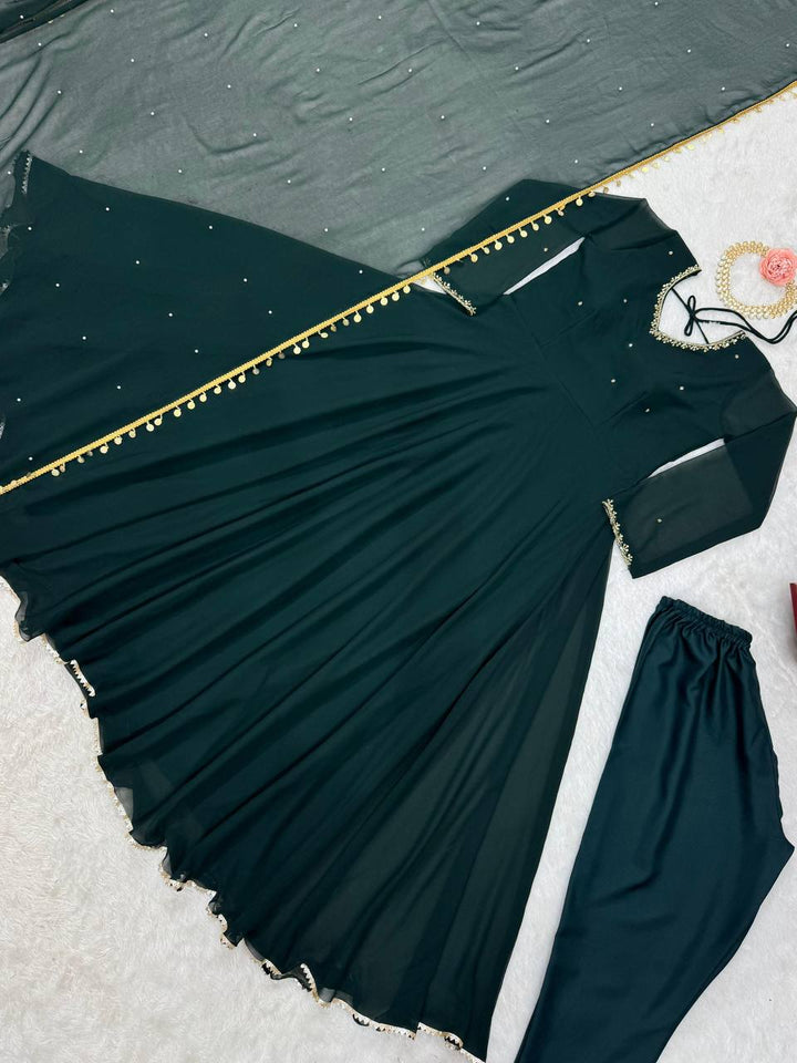 Green Foux Gorgette Micro Handwork with lace broder Anarkali Suit - INSPIRED - qivii