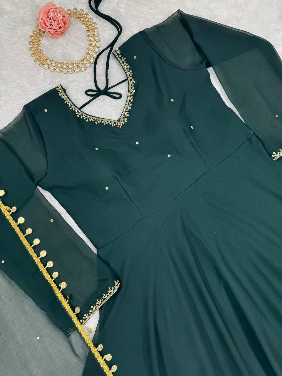 Green Foux Gorgette Micro Handwork with lace broder Anarkali Suit - INSPIRED - qivii